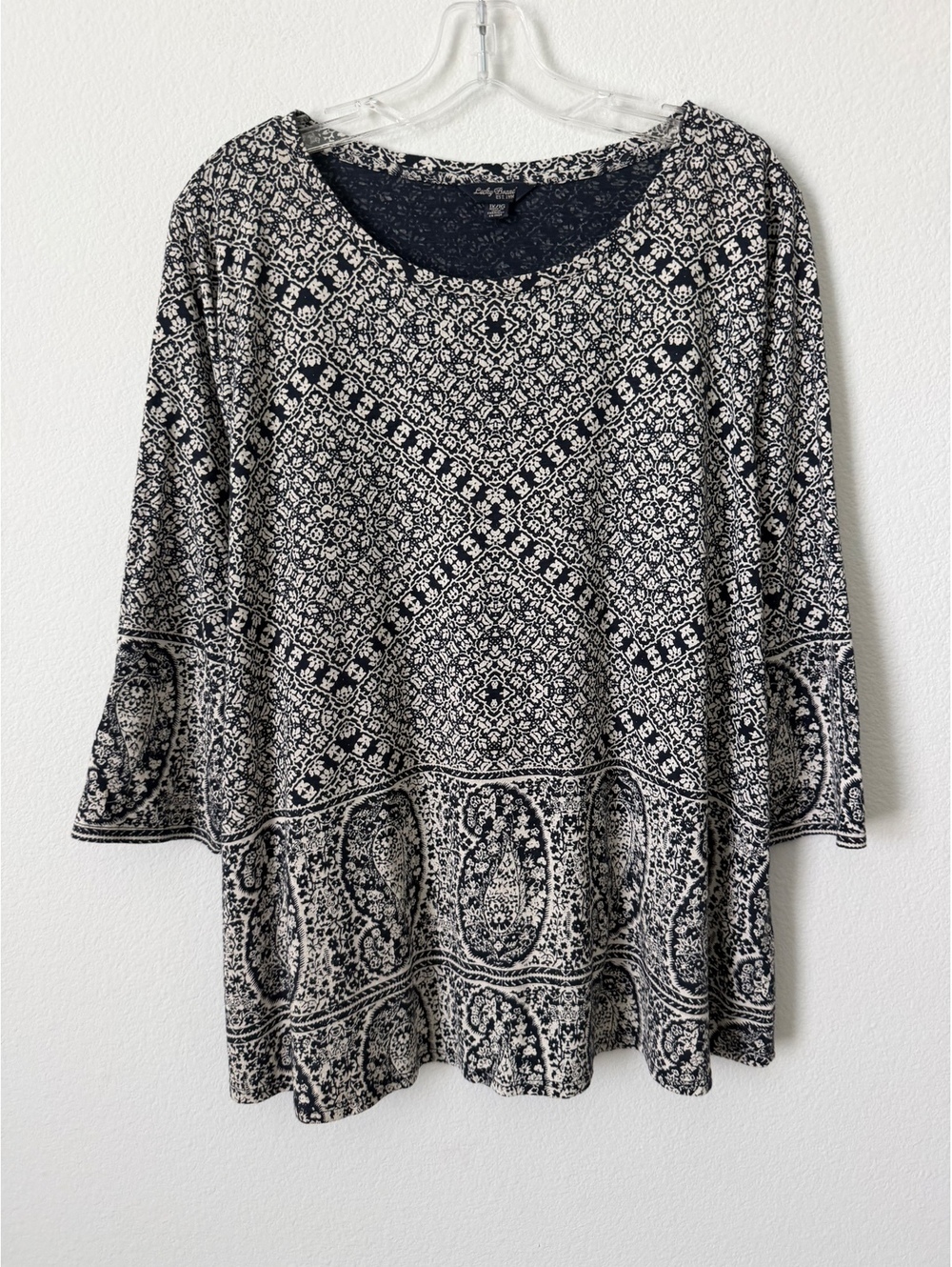 Lucky Brand 3/4 Sleeve Scoop Neck Blue/Cream Paisley Boho Blouse Size 1X